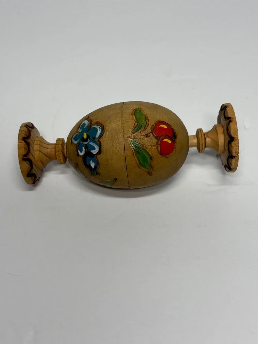 Handcrafted Wooden Egg Stand with Blue Floral Accent